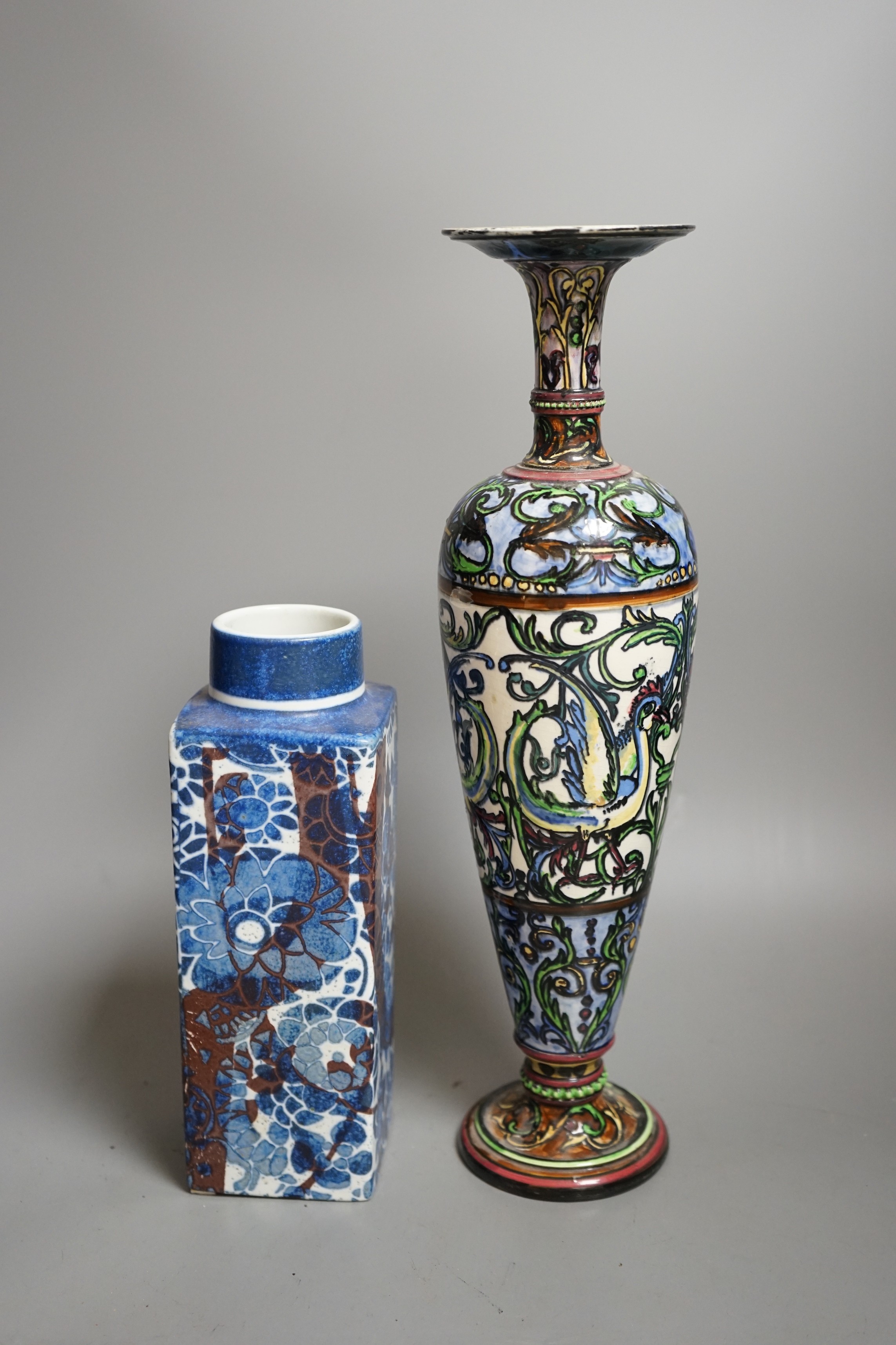 A Royal Copenhagen faience vase and a grotesque style bottle vase and two Lalique pour Homme perfume bottles, faience vase 23cms high